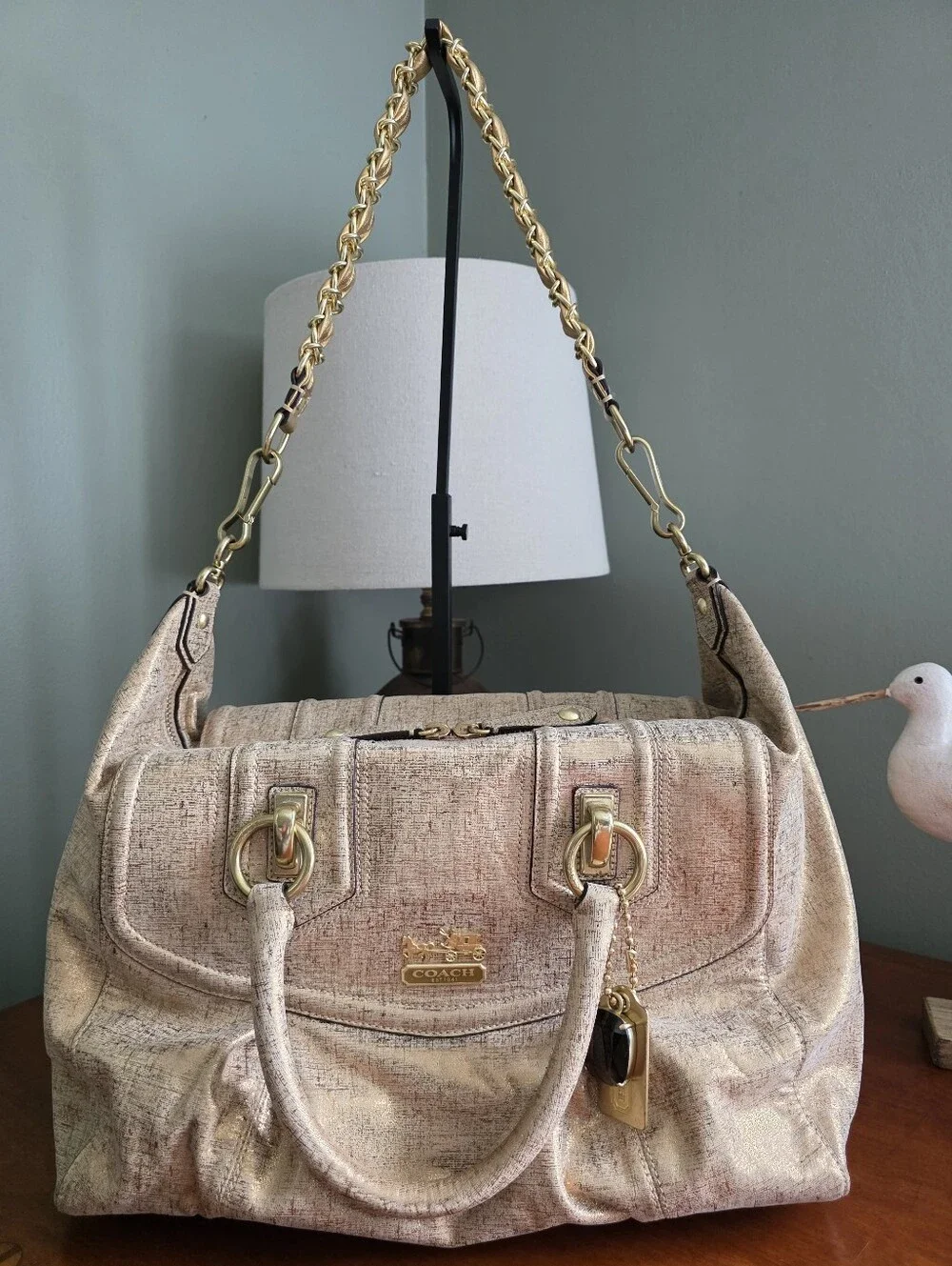 Coach 14241 Madison Sabrina Metallic Linen Tan Gold Satchel Shoulder Bag Y2K